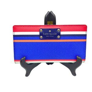 Kate Spade slim bi fold wallet Stripe blue pink button shut pocket book leather‎